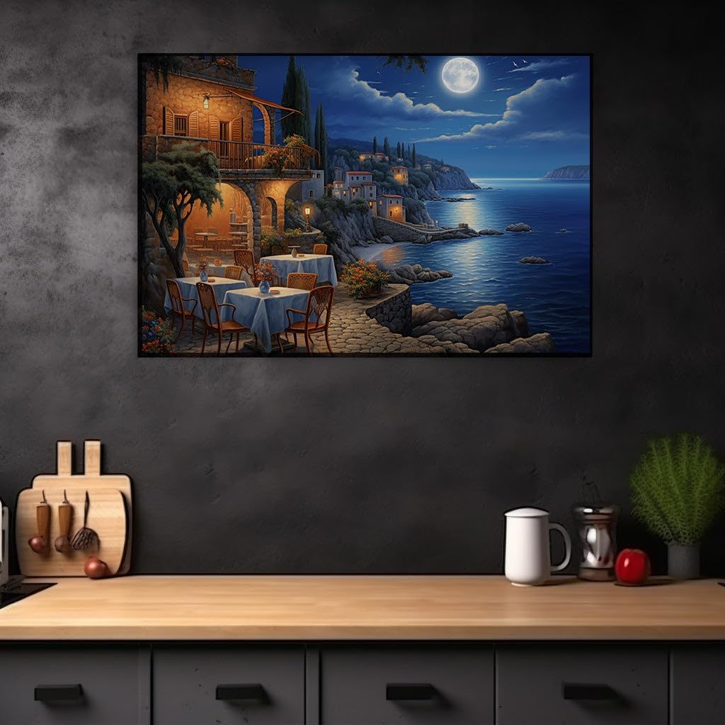 Canvas for Living room. Moonlit Serenity: Awaiting Guests at the Seaside Haven, 27 x 18 inch Canvas Wall Art - Contemporary Masterpieces - Modern Home Decor
