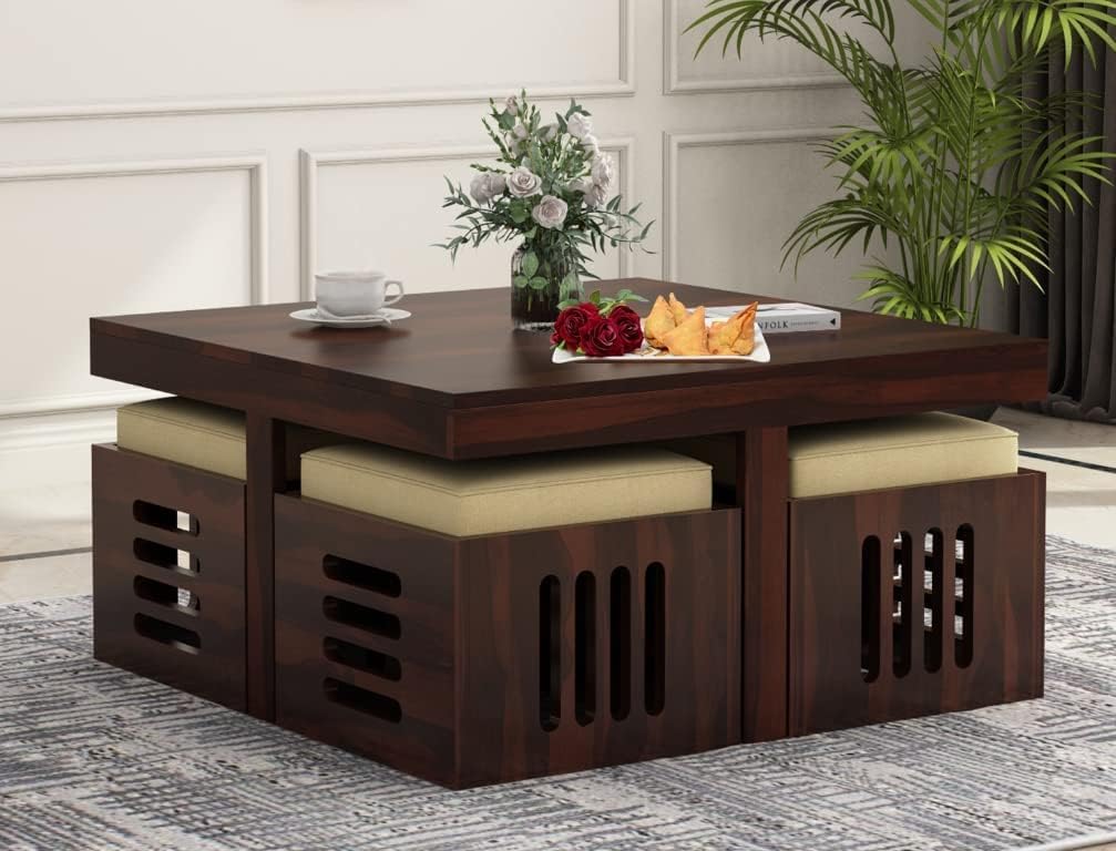 CARVING CUSTOMS Soild Sheesham Wood Centre Coffee Table with 4 Stools for Living Room Hall Bedroom Office|Wooden Center Coffee Table for Outdoor Garden Home | (Walnut2)-picture-18