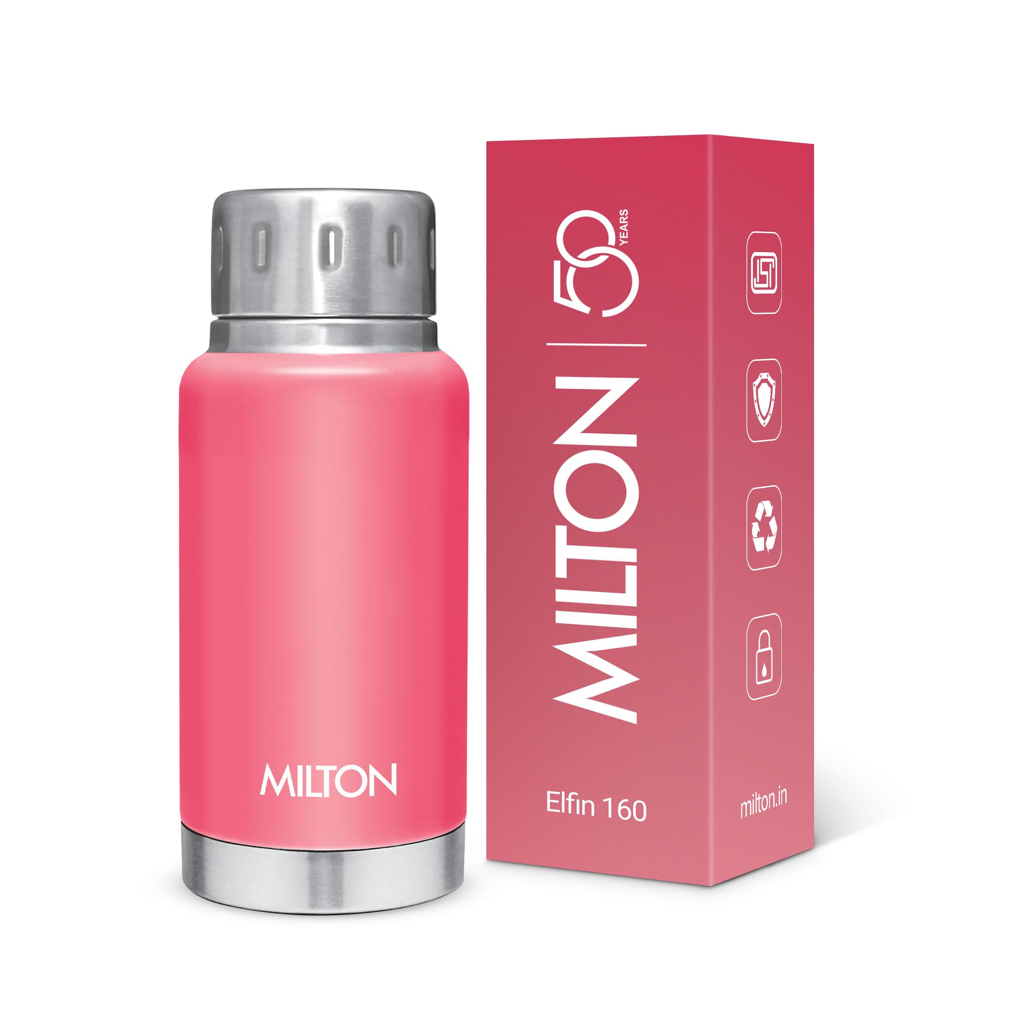 Milton Elfin 160 Thermosteel Water Bottle 160 ml, 24 Hr Hot and Cold I Leak Proof Lid, ISI Certified I Vacuum Insulated I for Office, Gym, School I Pink