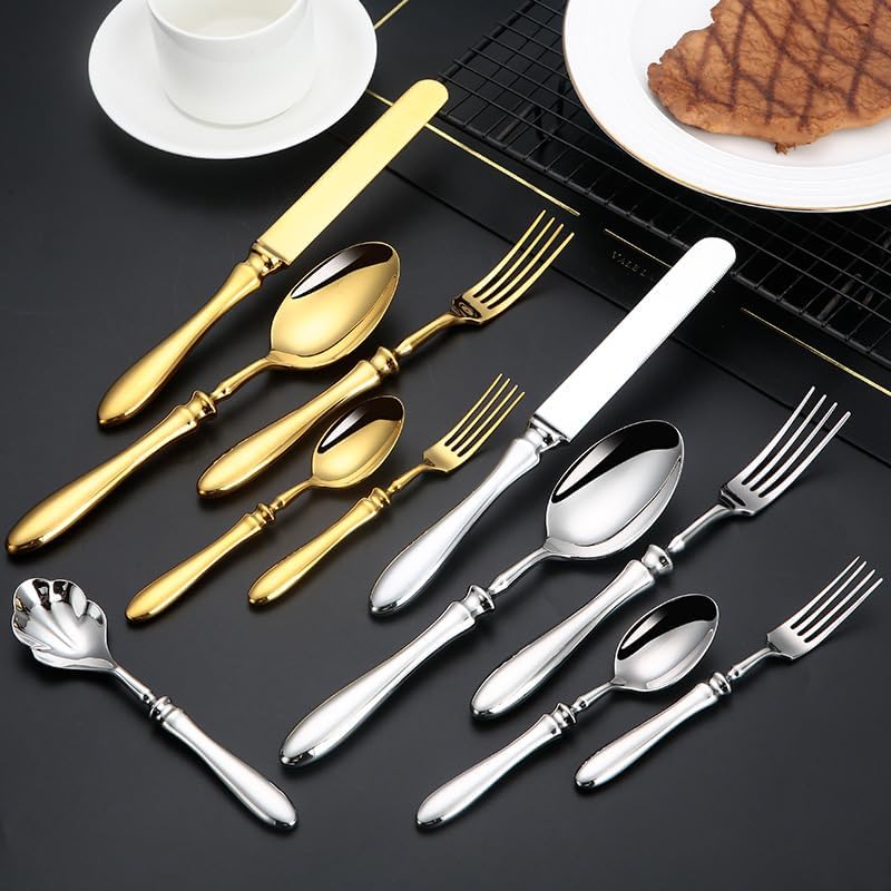 Cutlery sets, 6/24/36/48/60/72 pieces, 308 stainless steel oval-handled knife, fork and spoon five-piece set, including steak knife and dessert spoon, household cutlery set.,Silver-72 Pieces for 12