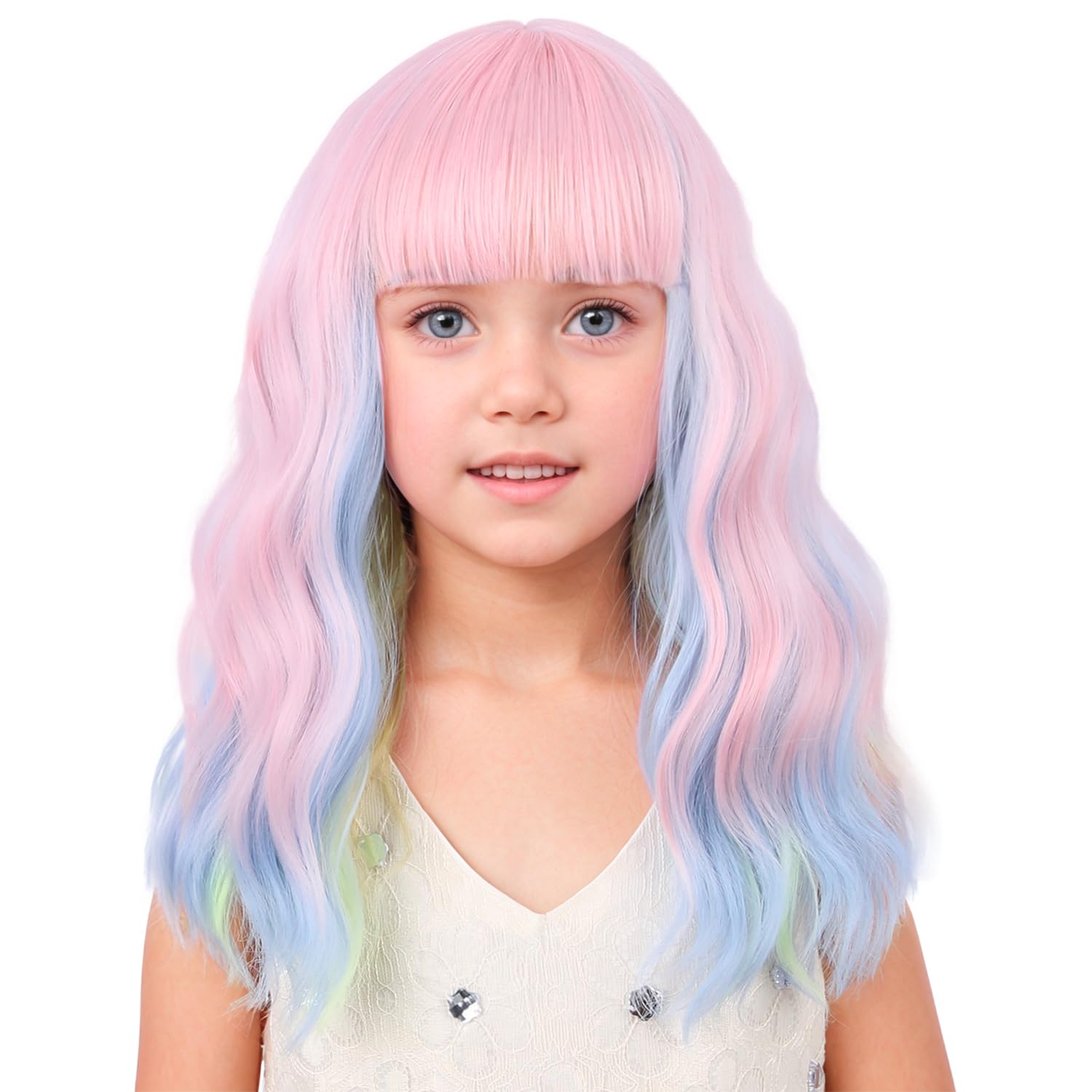 WAVELNM Kids Rainbow Wig with Bangs Girls Multi-Color Wigs Colored Wig Children Colorful Short Wavy Curly Wigs
