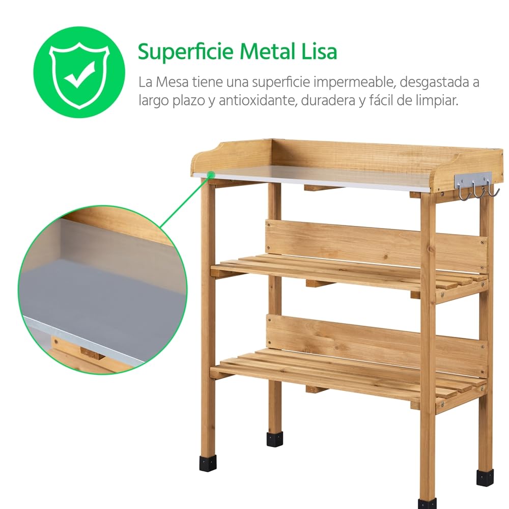 Yaheetech Mesa Jardinería 3 Niveles de Madera para Plantación 90cm de Altura con Superficie de Trabajo de Metal Impermeabilidad y Durabilidad Madera