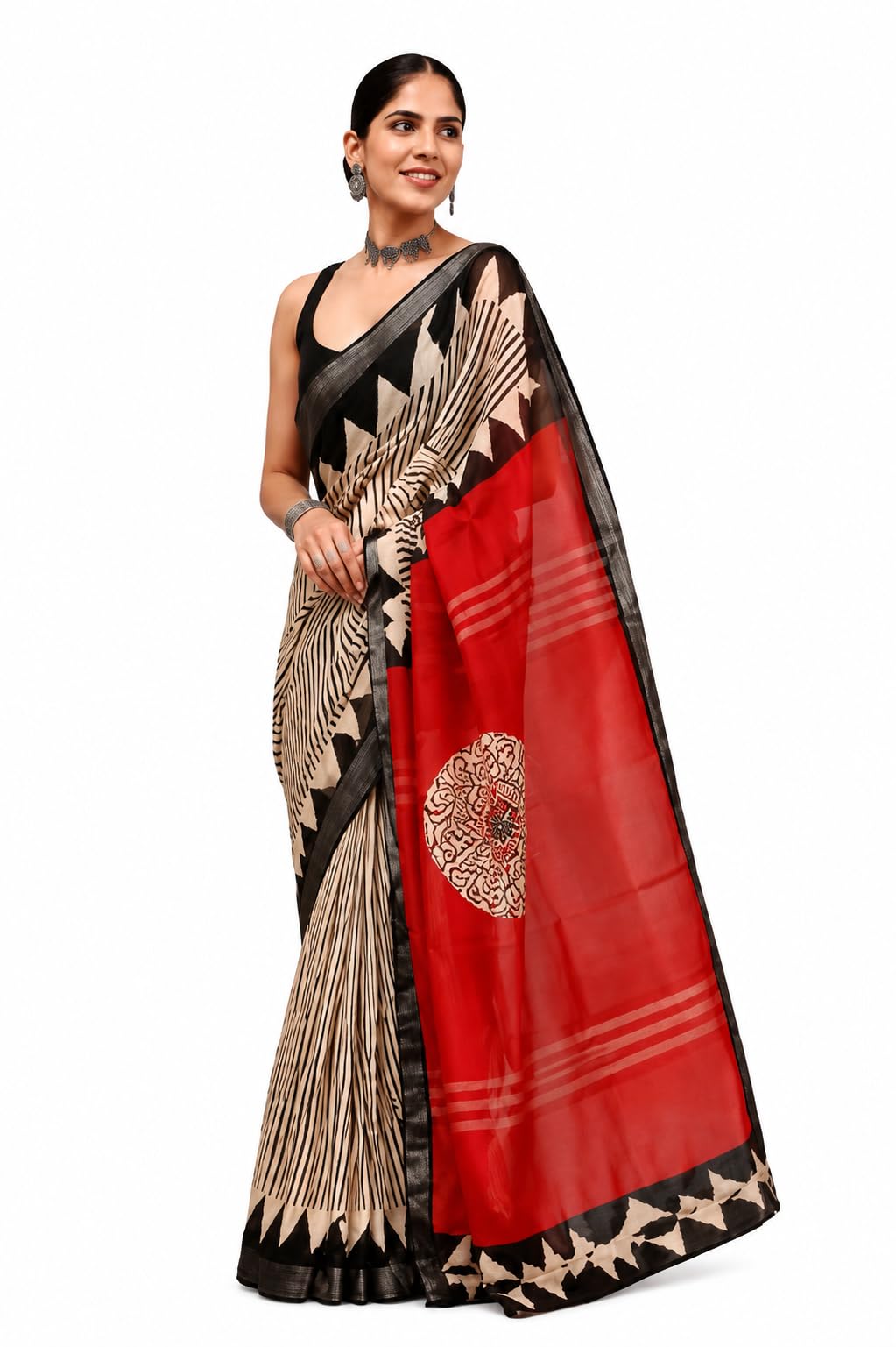 veloura lifestyle Women's Linen Print Saree with Zari Work Border & Unstitched Blouse Piece | Printed Linen Sari | Elegant Traditional Party Saree for Women-picture-42
