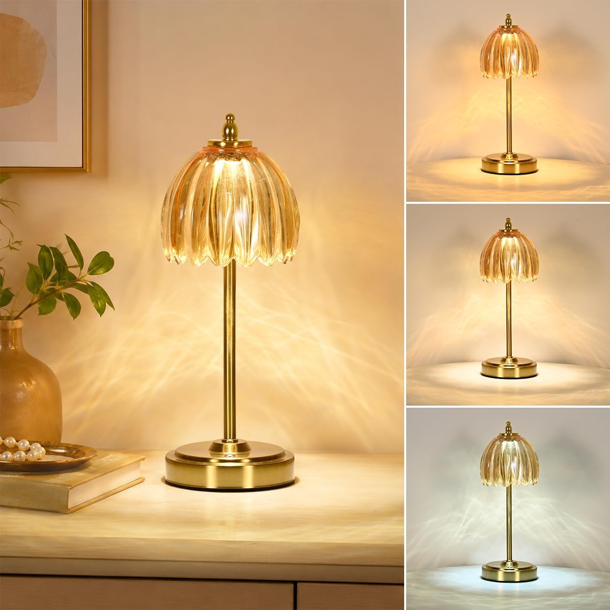 NewAoNaSen Glass Tulip Table Lamp, Cordless Rechargeable Table Light -Amber