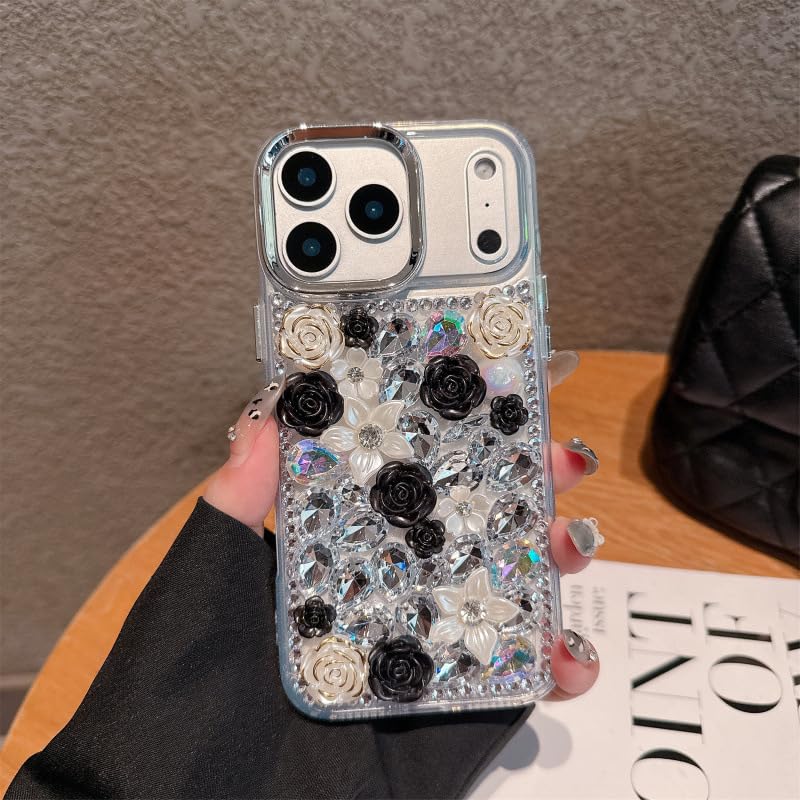 Coque iPhone 17 Pro strass 3D relief fleur camélia de luxe noire