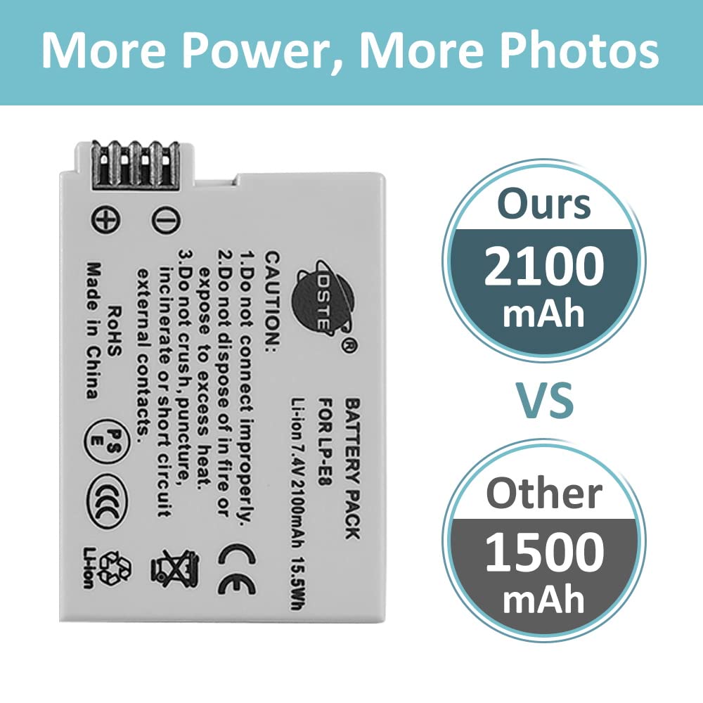 DSTE LP-E8 Batería Recargable (Paquete de 2) y Cargador USB Dual LED Inteligente compatibles con Canon EOS 550D 600D 650D 700D Kiss X4 X5 X6i X7i Rebel T2i T3i T4i T5i
