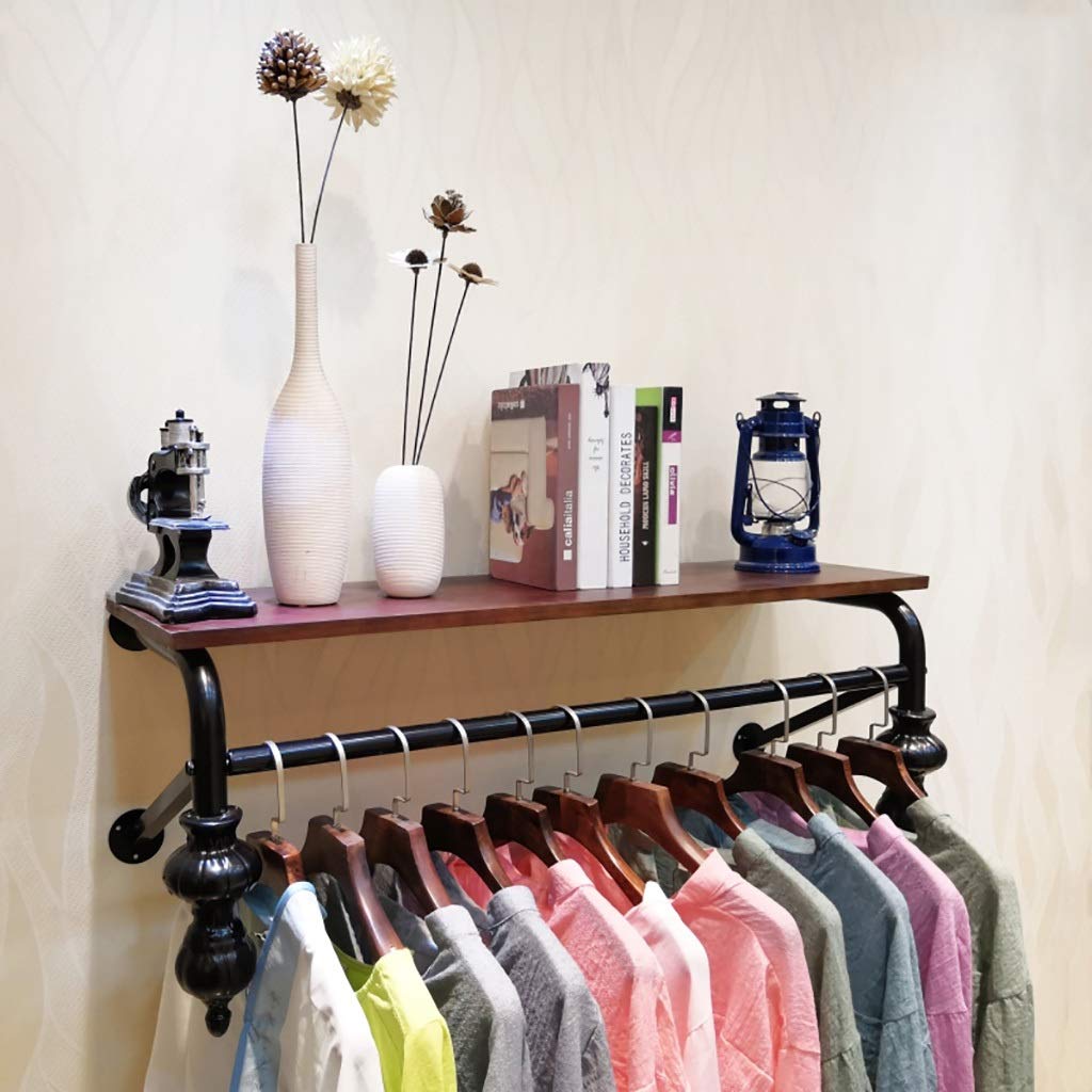 HPTHLY Clothes Rack Iron Wall Mounted Garment Rack With Wooden Shelf Coat Rack Hanger Storage For Clothing Display (80X28X40Cm)