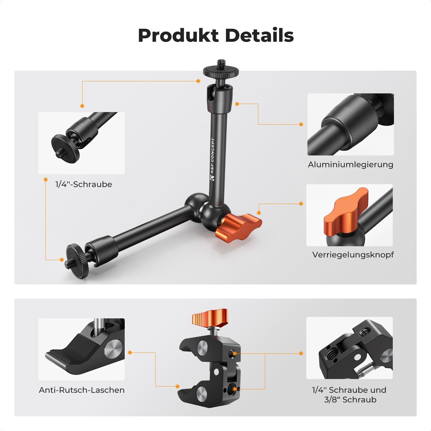 K&F CONCEPT 9,8 Zoll Magic Arm mit Super Clamp, Kamera Halterung für Käfig Monitor LED Licht Action-Kamera, 2 KG Belastung