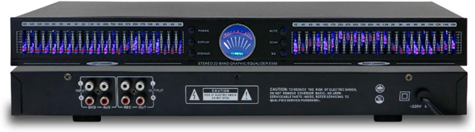 Audio Equalizer, 22-Band Stereo Graphic Equalizer with 10 Preset Effects, Dual Channel Rack Mount, Automatic Noise Reduction for HiFi Home EQ Tuning