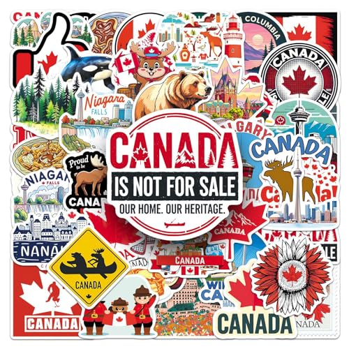 50PCS Canada Theme Stickers Waterproof Vinyl Maple Leaf Wildlife Landmark Decals Canadian Country Stickers for Water Bottle Laptop Luggage Envelopes Scrapbooking DIY Crafts Teens Adults Travel Gift