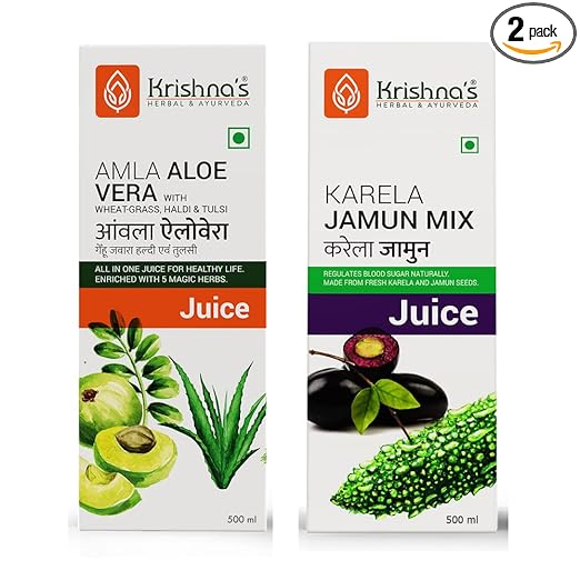 Krishna's Aloe Vera Amla Wg Haldi Tulsi Juice 500 ml and Krishna's Karela Jamun Mix 500 ml Super Saver Combo Pack of 2