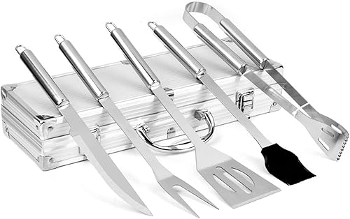 Miniatura 1 de Juego de 5 herramientas para barbacoa con estuche de transporte compacto portátil, accesorios de parrilla, kit de utensilios de parrilla, para