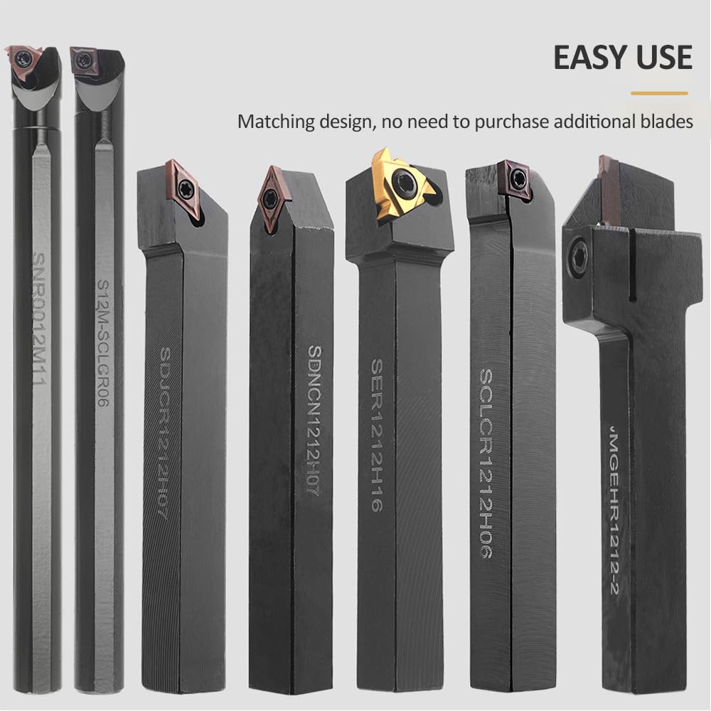 Geevorkss 21Pcs 12mm 1/2'' Juego de Herramientas de Torneado CNC,Herramientas de Torno para Metal,Indexable Carburo Inserto Torneado Herramientas Brocas,7 Portaherramientas, 7 Cuchillas, 7 Llaves