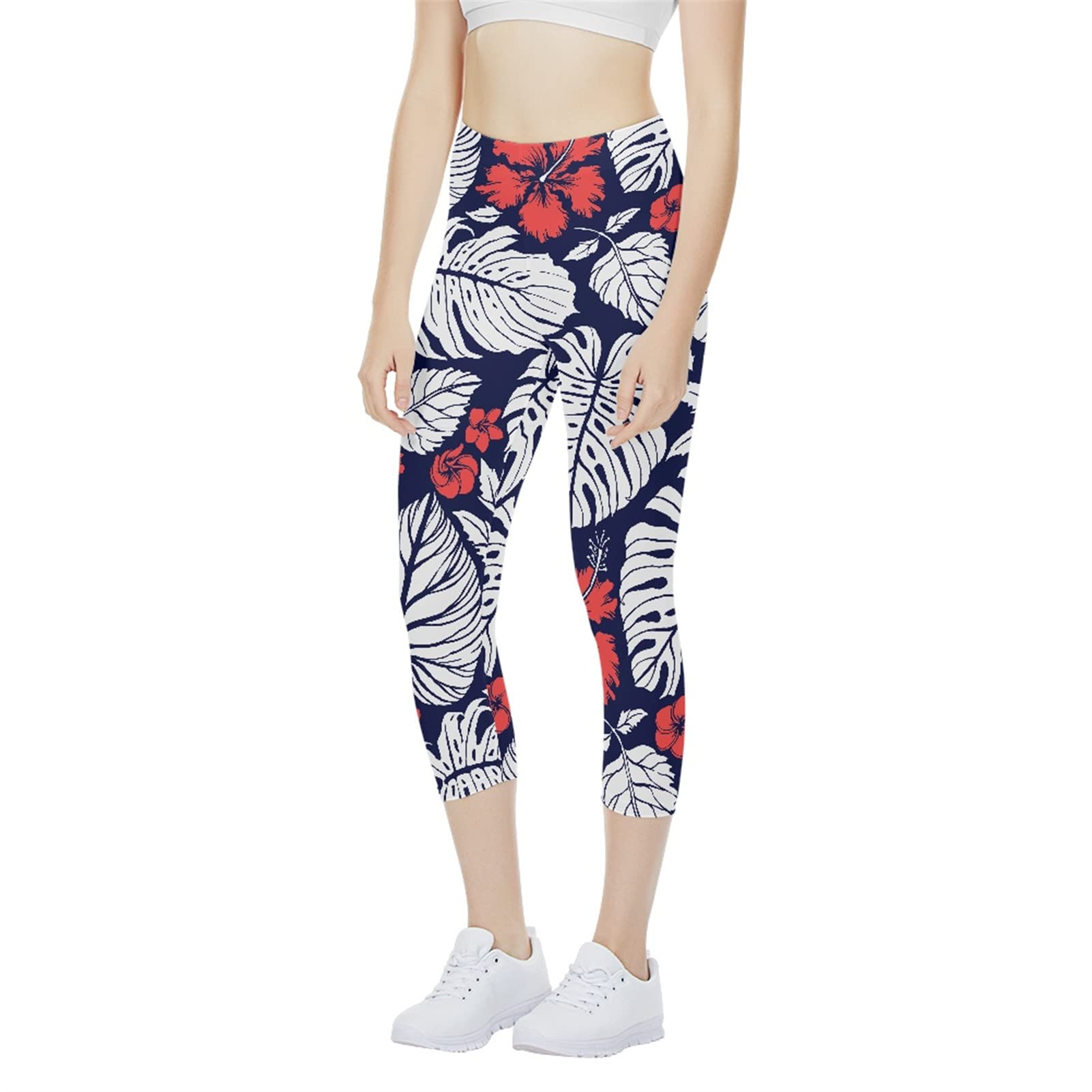 Poceacles Monstera Print Workout Leggings Yoga Pants for Women, High Waist Non See Running Pants Athletic Legging, Tummy Control Sport Capris