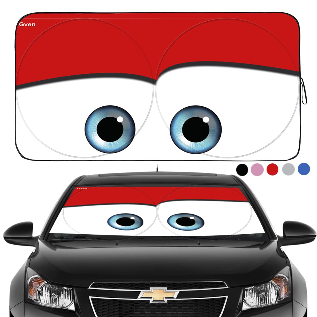 Photo 1 of Gven Windshield Shade, Car Sun Shade for Front Windshield Funny Car Eyes Sunshades Sun Visor Protector Blocks UV Rays Foldable 210T Keep Your Vehicle Cool (Eyes-red, Large) Red Large