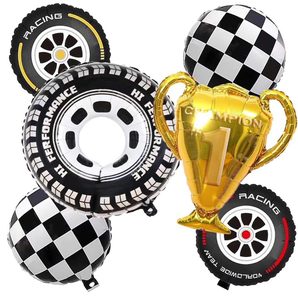 6 Pc Racing Car Theme Birthday Decoration MVP Champion Winners Trophy Tyre Shape Foil Balloon Tire Checkered Balloons for Decoration (Pack of 6, Multicolor)