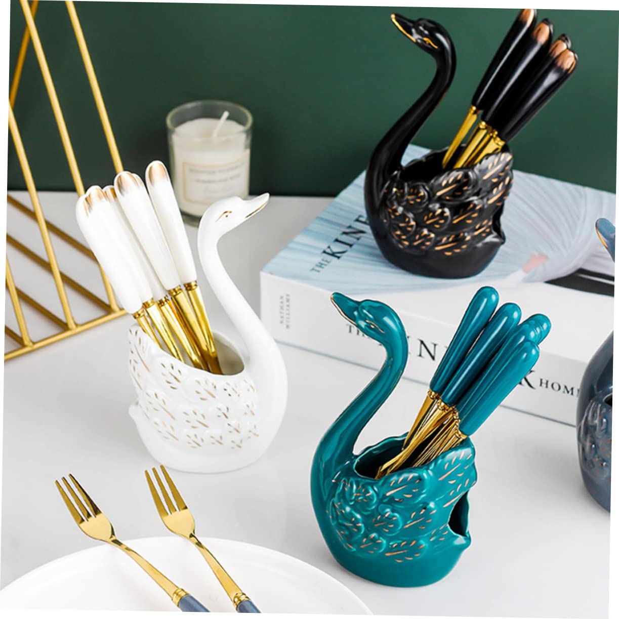 BRIGHTFUFU Practical Swan Ceramic Fruit Fork Set Stainless Steel Dessert Forks Easy Clean for Home Hotel