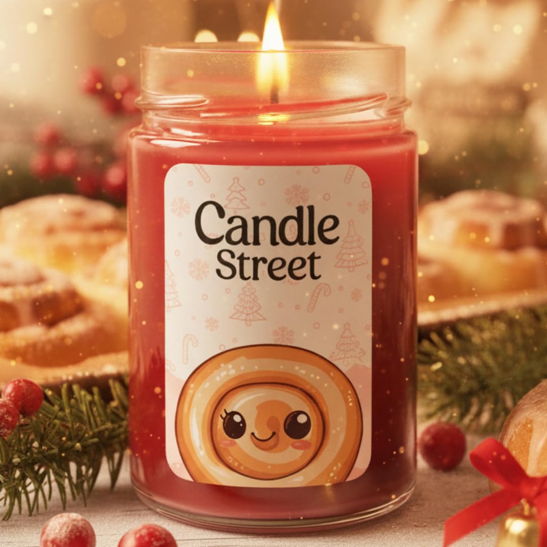 Candle Street Vela perfumada de cinnamon roll, 500 g, canela, vainilla y almendra, colección de postre navideño, vela grande de cristal, 120 h de combustión | regalo perfecto para fiestas de Navidad