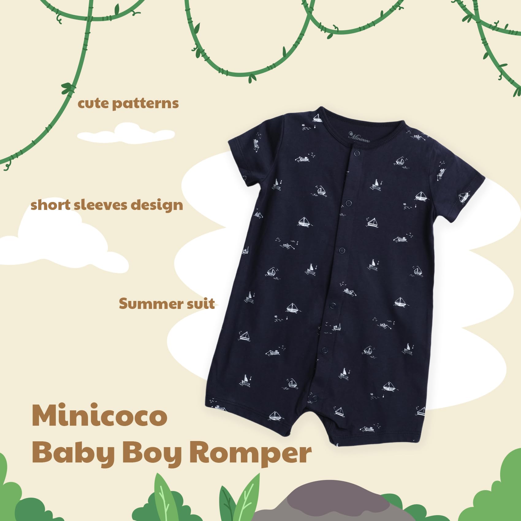 3-Pack 100% Cotton Baby Boy Rompers Gallery Image