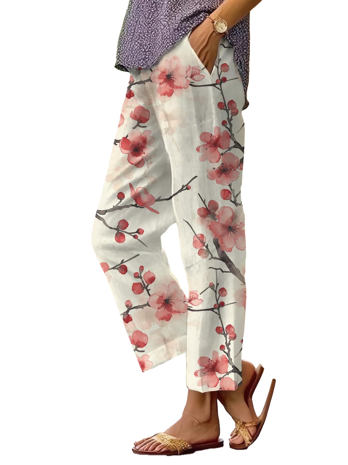 Womens Boho Floral Graphic Pants Casual Straight Leg Pants Comfy High Waist Elastic Lightweight Trousers Pocket