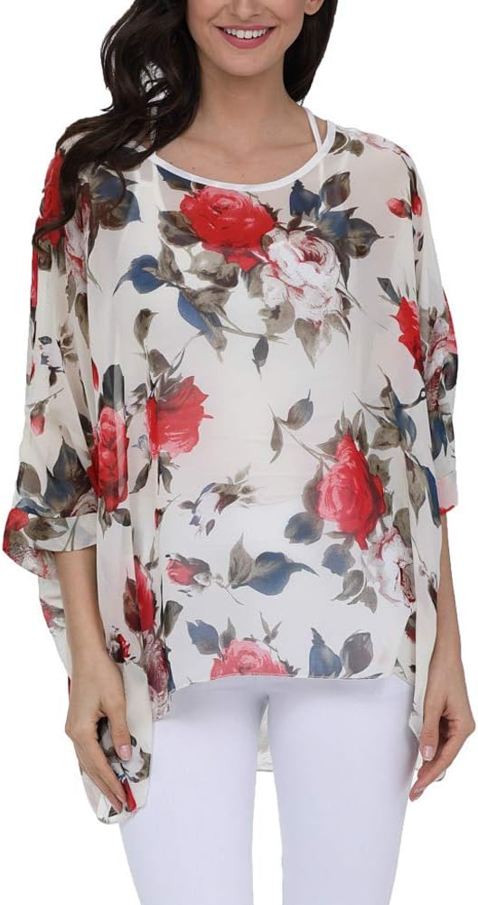 Ckikiou Plus Size Batwing Flowy Semi Sheer Chiffon Blouse Tunic for Women Summer Floral Print Boho Beach Cover ups - Image 5