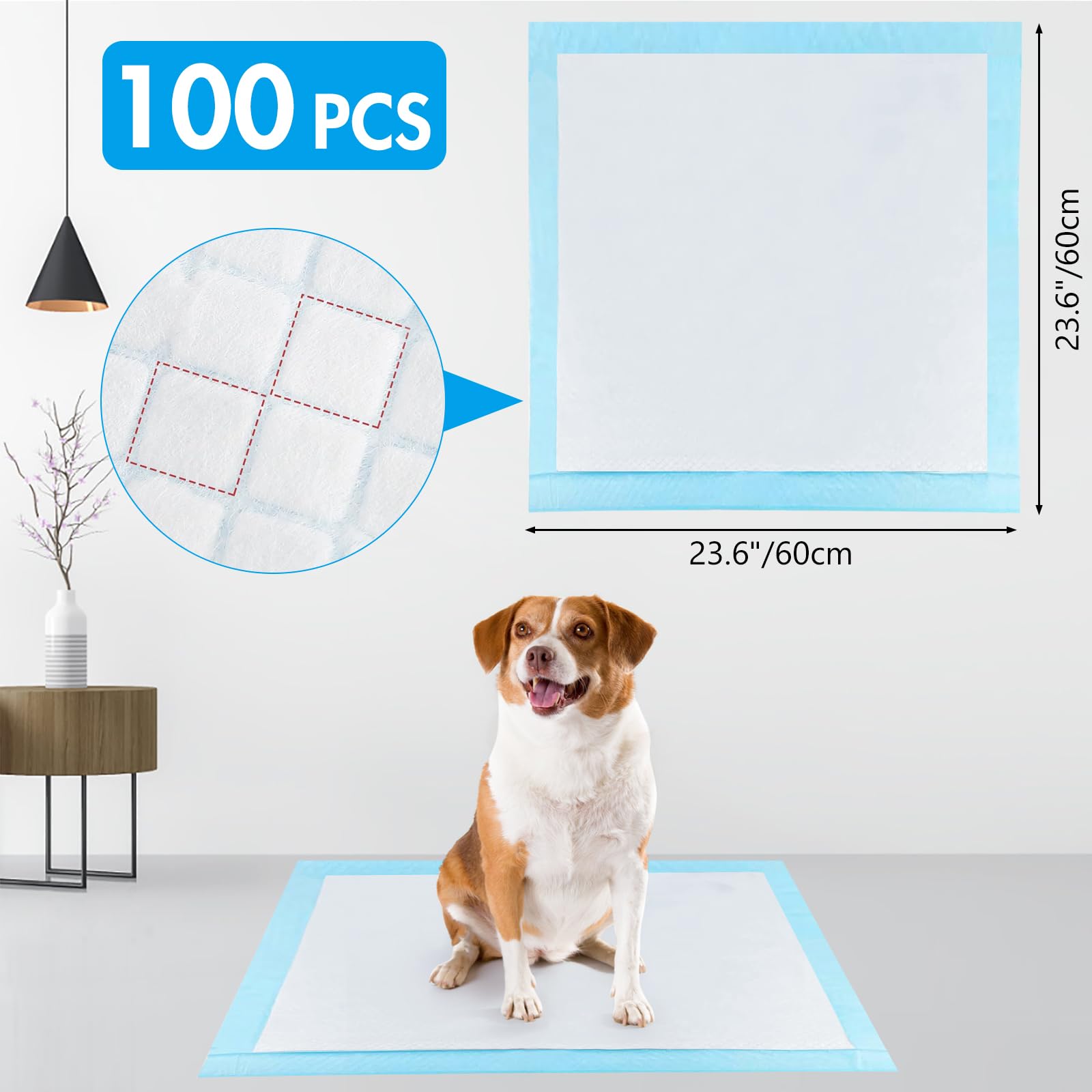 YSWOVUO 100 Pezzi Tappetini Igienici per Cani, 60 x 60cm Traversine cani, 5 Strati Tappetini Assorbenti per Cani, Tappetini Cane Superficie ad Asciugatura Rapida, Addensare