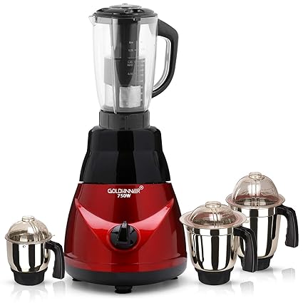 Goldwinner Silky Metallic 750-Watt Mixer Juicer Grinder with 4 Jars (1 Juicer Jar, 1 Wet Jar, 1 Dry Jar and 1 Chutney Jar) - Black Red.Make in India(ISI Certified)