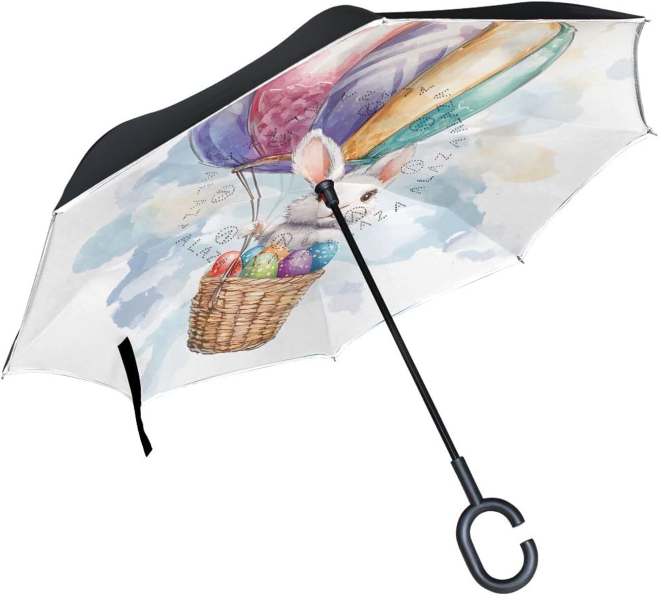 Rabbit Easter Eggs Hot Air Balloon Inverted Umbrellas for Rain Windproof Reverse Upside Down Golf Umbrella with C-shape Handle for Men Women