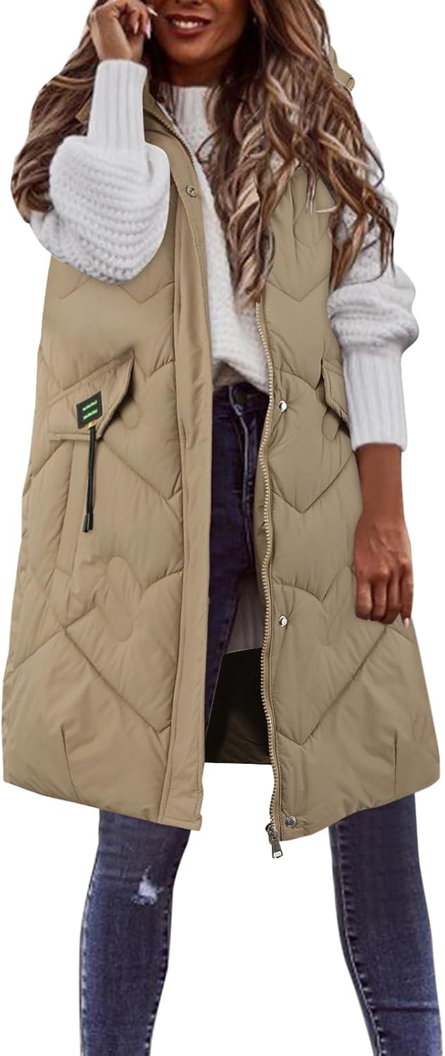 Women Sleeveless Long Puffer Vest Plus Size Detachable Hood Quilted