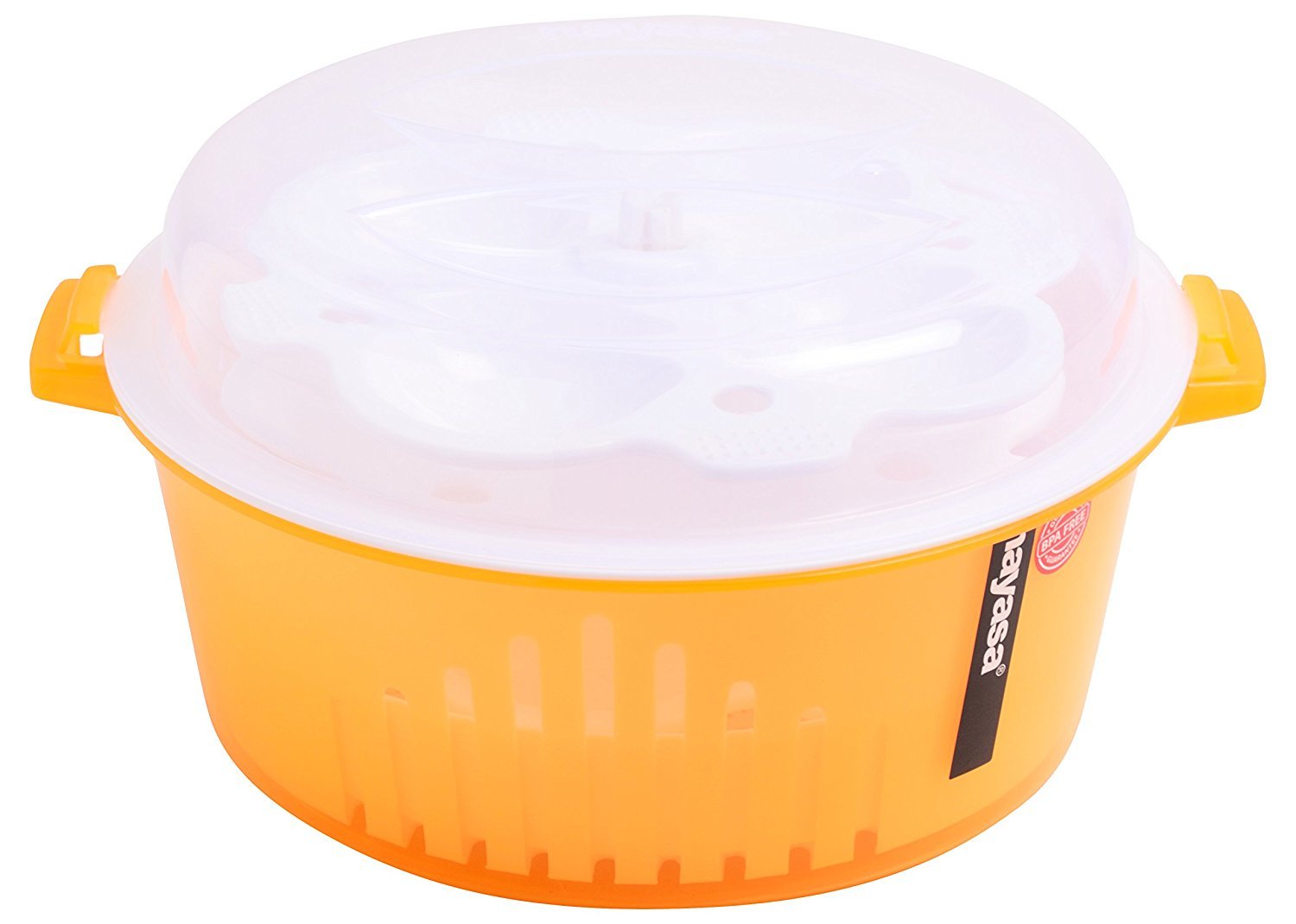 Nayasa Plastic Microwave 4 in 1 Steam Idli Maker | Makes 12 idlis | Microwave Dhokla Maker | Vegetable Steamer Veg & Fruit Strainer | Orange