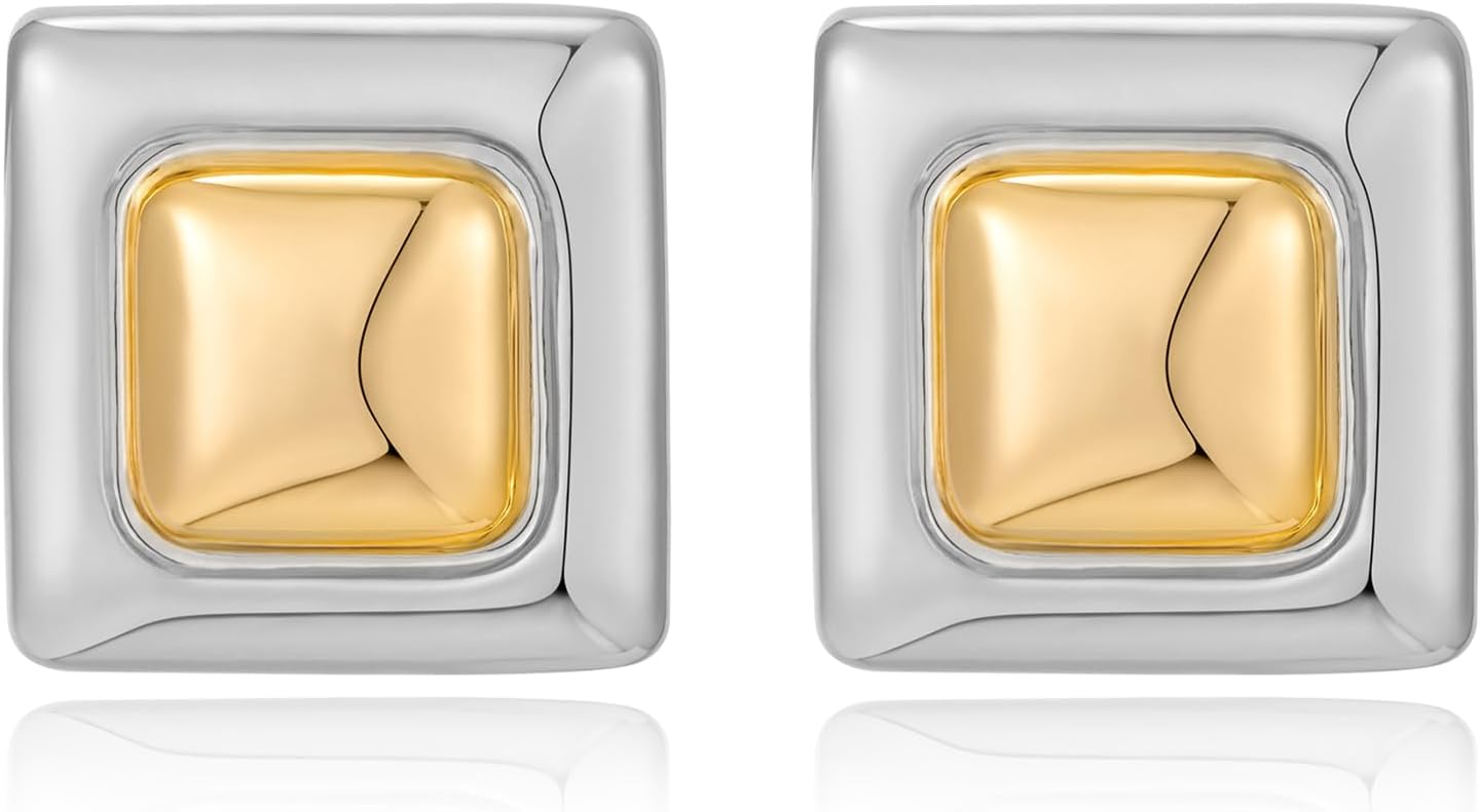 Gold Silver Stud Earrings Statement Square Two Tones Earrings for Women Trendy Geometric Jewelry