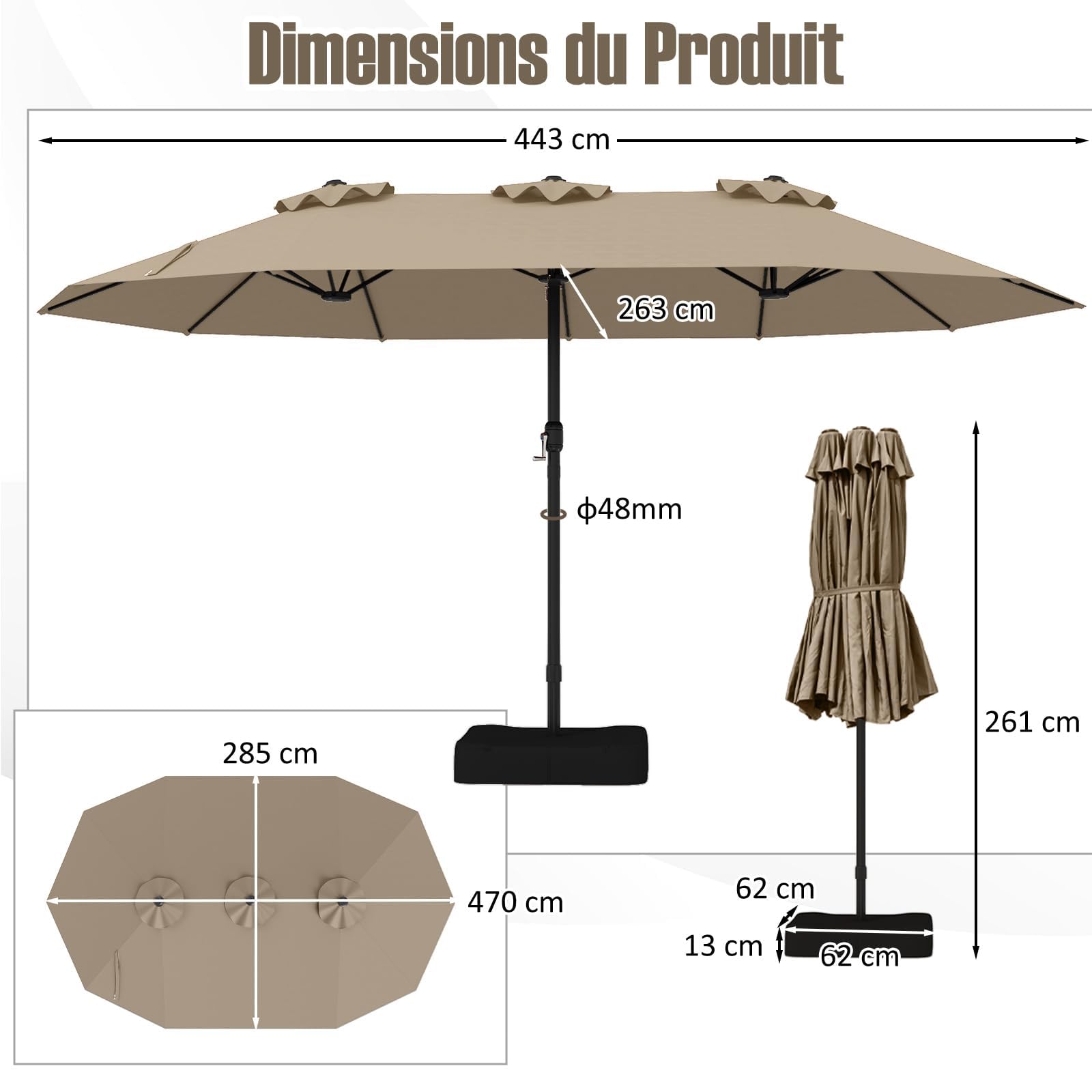 GOPLUS Parasol de Jardin Exterieur avec Pied, 4,5M Grand Parasol Rectangulaire Double Face, avec Manivelle, 12 Baleines, Base avec Sacs de Sable, pour Piscine Jardin Terrasse (Marron)