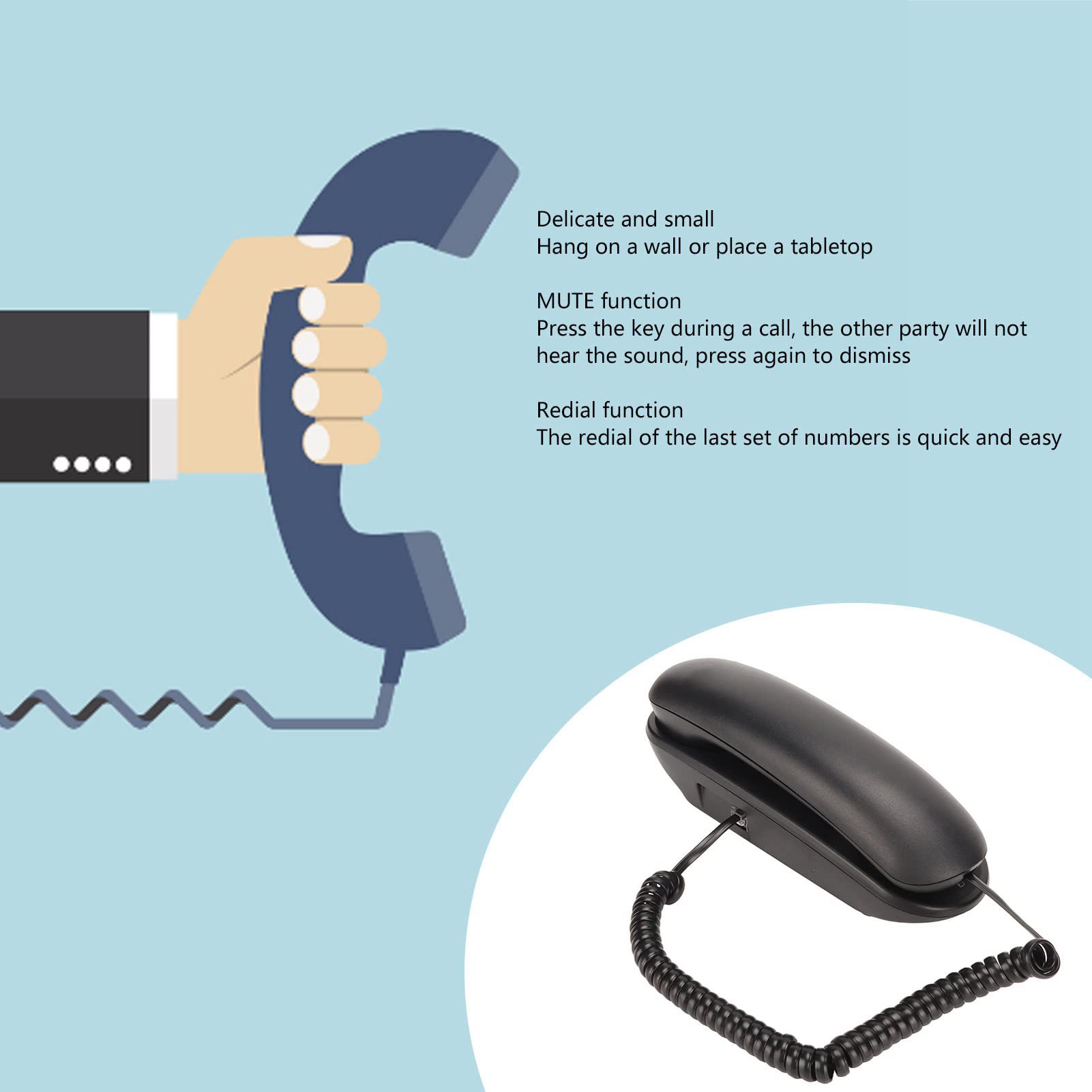 Telefono con filo, Telefono da parete per linea fissa, Telefono da parete con pulsanti grandi Telefoni fissi per casa Telefono retrò Suono chiaro Funzione di ricomposizione Funzione muto, per uffici