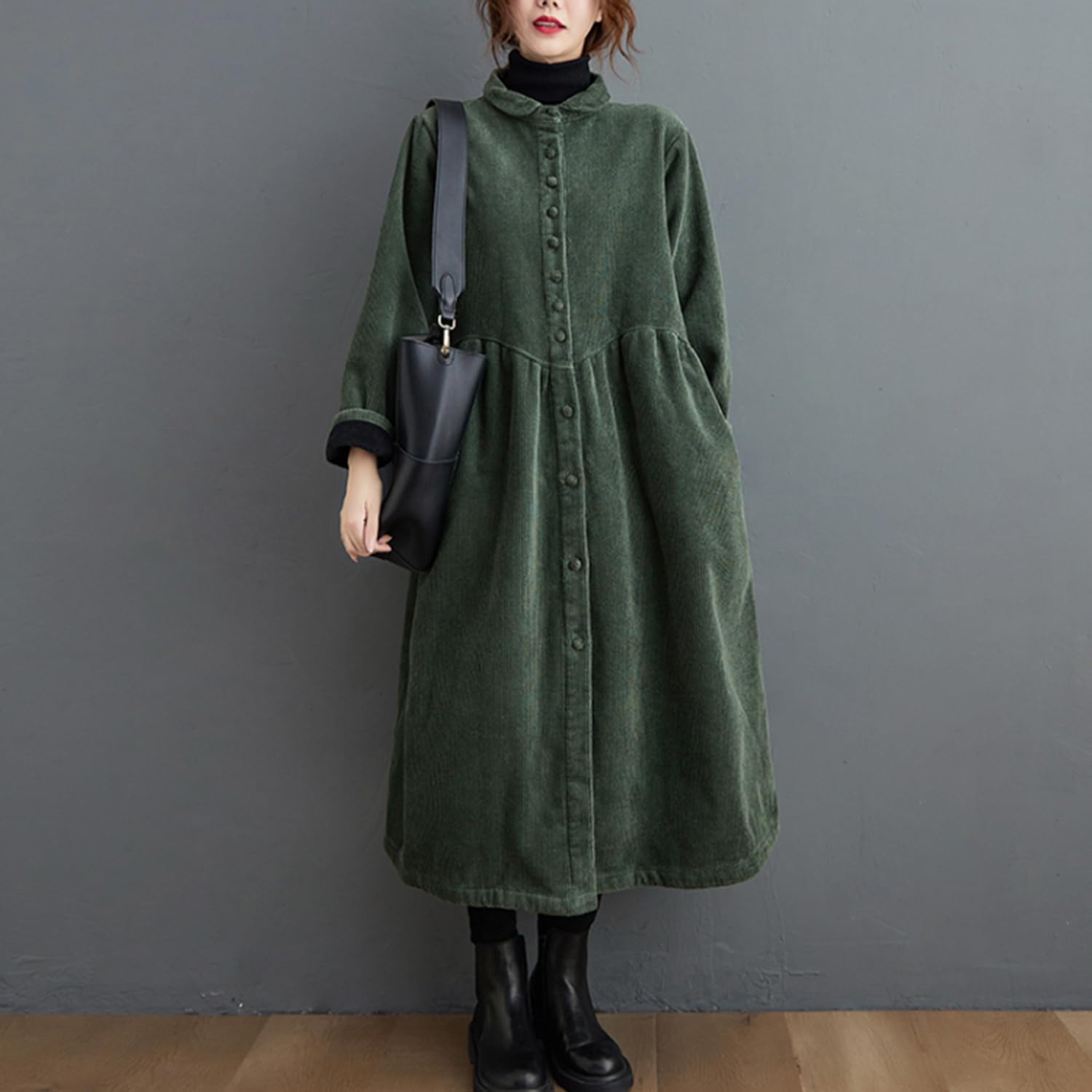 Manteau Long en Velours côtelé pour Femme avec Boutons et Poches latérales Trench-Coat rembourré à Manches Longues Robe Vintage Ample en Velours côtelé