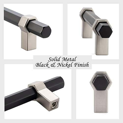 Miniatura 4 de Paquete de 5 tiradores de gabinete con agujeros centrales de 3 pulgadas, tiradores de gabinete negros y de níquel mate, manijas de gabinete de