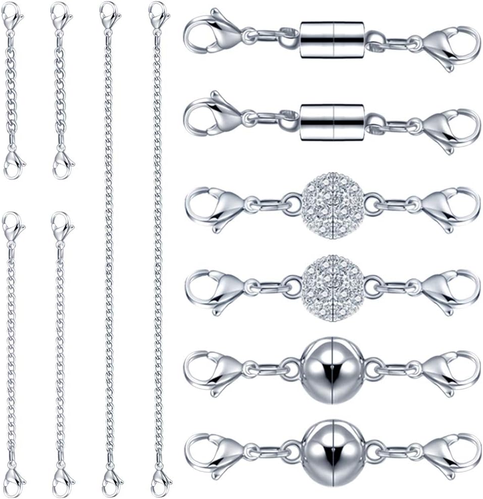 QACOWW 12 Pieces Silver Magnetic Necklace Extender Set