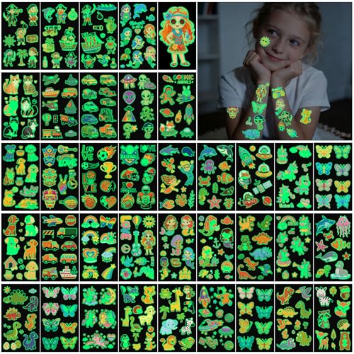 Tattoos für Kinder 350+ Leuchtende Kinder Tattoo für Mädchen Jungen, Temporäre Kindertattoos Enthalten Motive wie Alien Tiere Dinosaurier Einhorn Ball Meerjungfrau Auto Weltraum Piraten Regenbogen etc