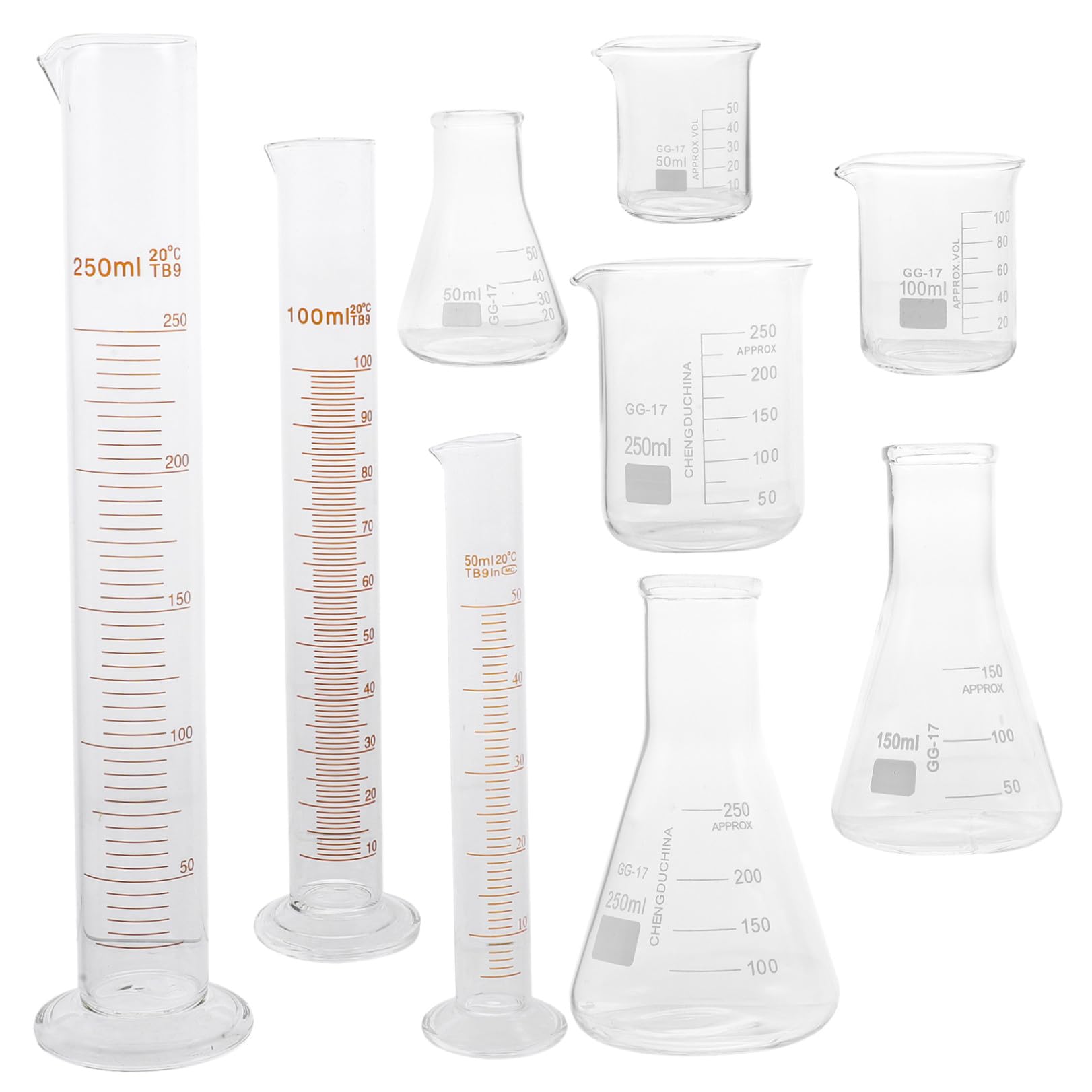 Set di Vetro per Laboratorio 9 Pezzi, Include Cilindro Dosatore e Flacone Dosatore in Vetro Resistente, per Misurare Liquidi in Esperimenti Scientifici