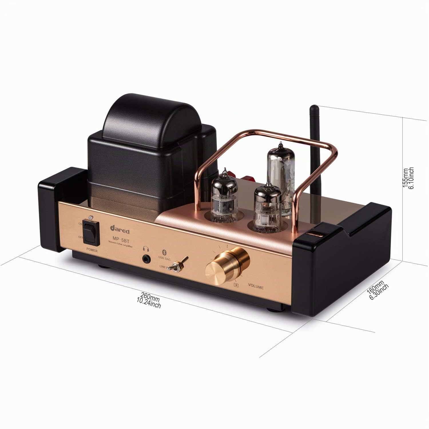 Dared MP-5BT - Amplificatore per tubi stereo integrato, amplificatore ibrido, ingresso Bluetooth, uscita USB/DAC, uscita cuffie, preamplificatore, potenza 2 x 25 W, tubi 6N1, funzionamento a 230 V AC