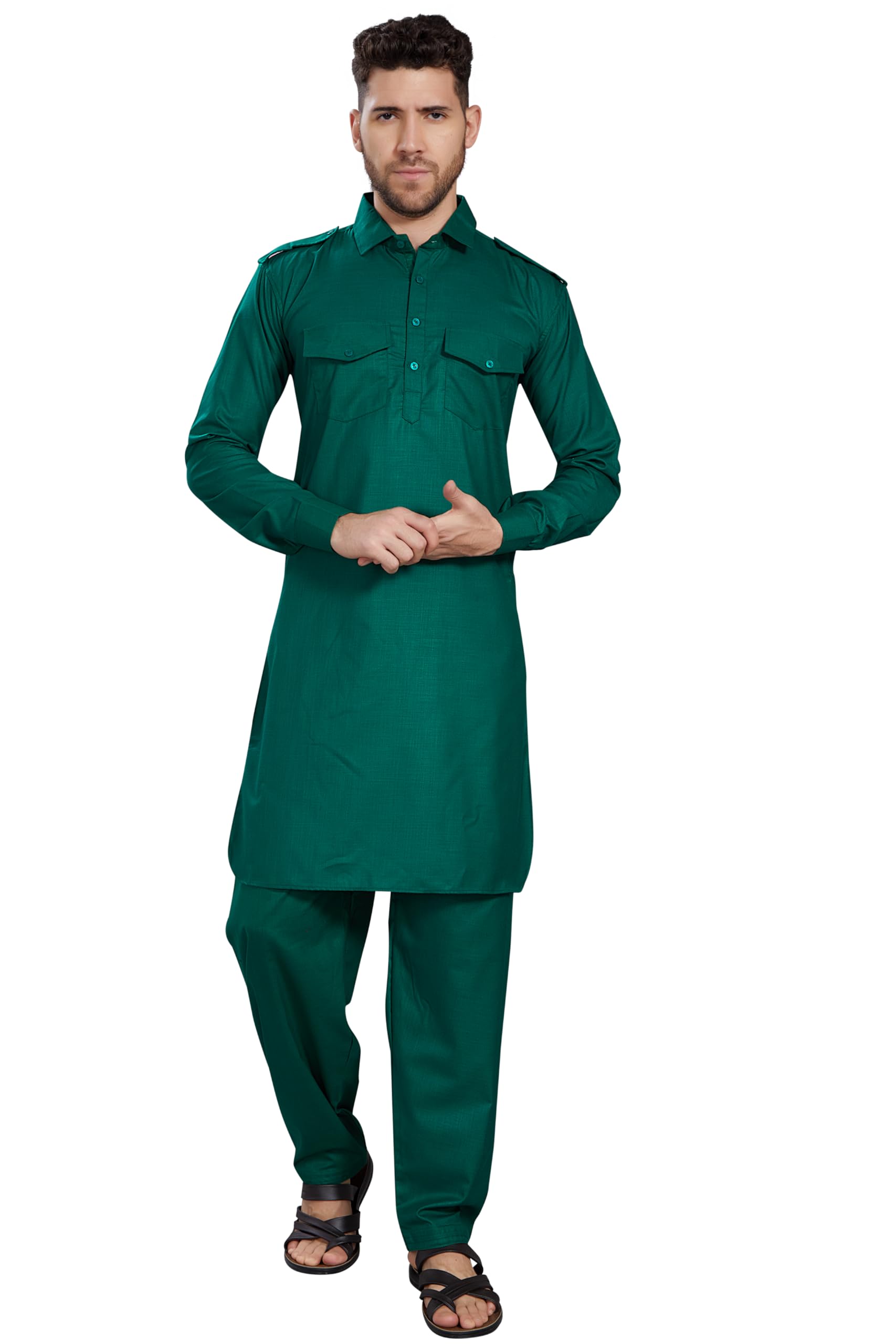 Divisive Men's Cotton Blend Pathani Kurta Pyjama Set (Dkrt463_Xl_Green)