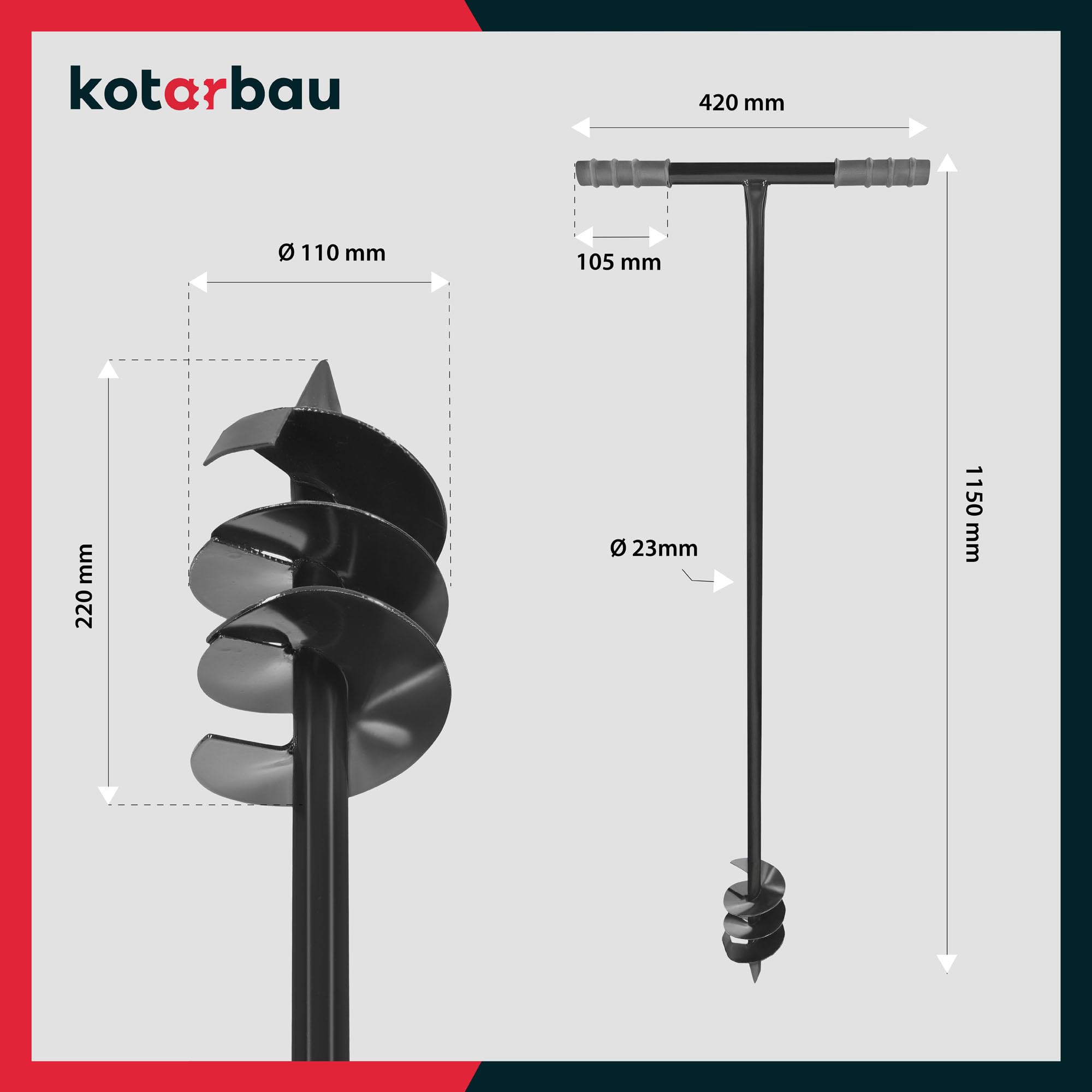 KOTARBAU® Ahoyadora Manual 110 mm, Taladro de Tierra Manual, Perforadora de Suelo con Mango en T Antideslizante, Barrena de jardín, Perforador de Mano, Broca Espiral de Tierra, Plantador Cavahoyos