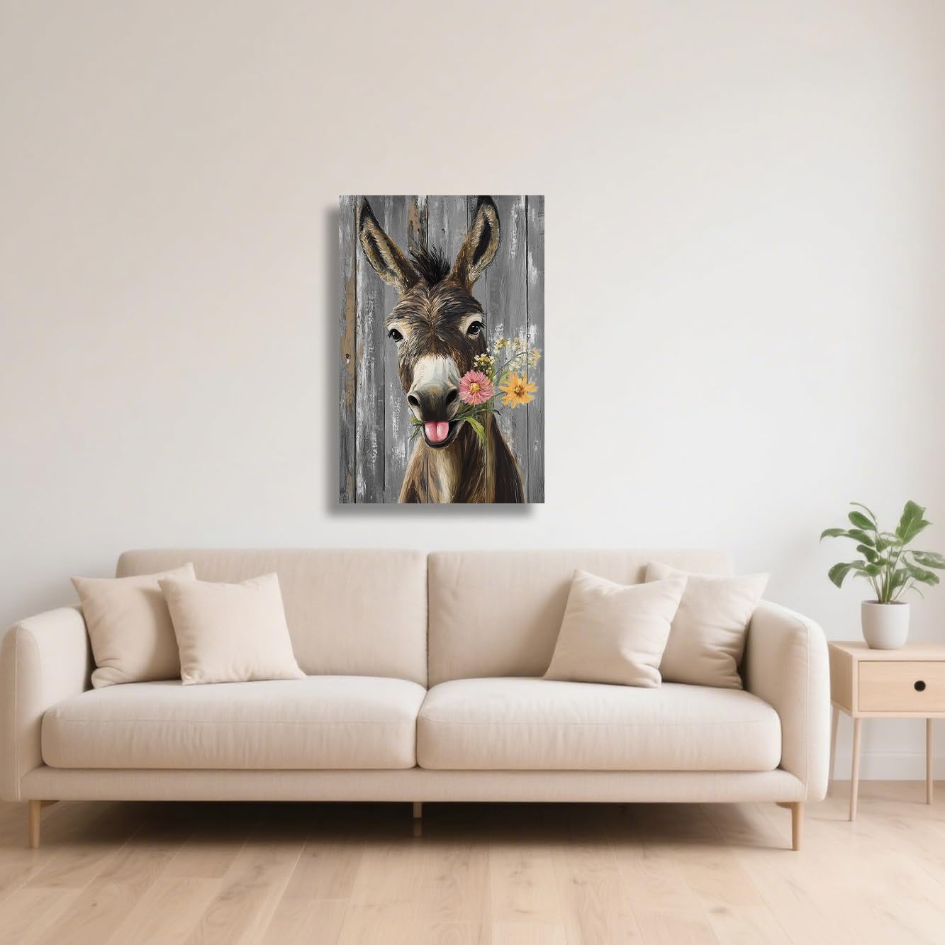 ZSHARTSWD Donkey Canvas Wall Art Funny Donkey with Daisy Pictures Farm Animal Flower Paintings Prints Rustic Farmhouse Artwork Kitchen Bathroom Decor Framed (Grey, 18L x 12W)