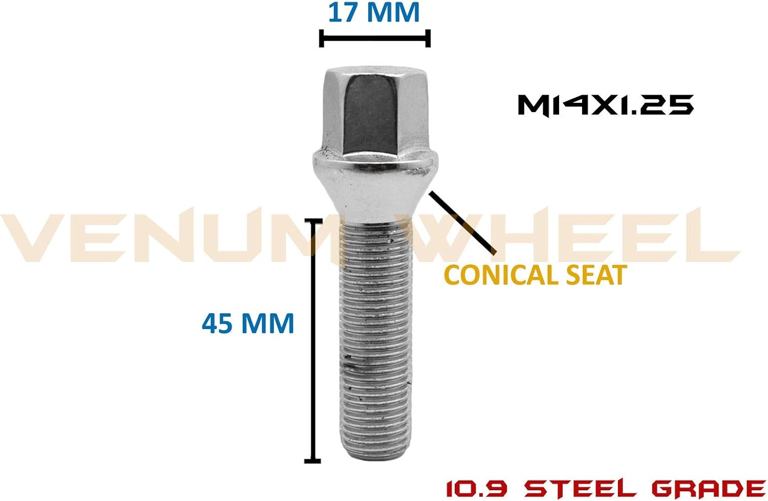 10 Pcs Chrome M14x1.25 Cone Seat Lug Bolts Conical 17mm Hex 45 mm Extended Shank Length Works with BMW F-Series & New G Series Chasis Factory & Aftermarket Wheels - Requires Wheel Spacers