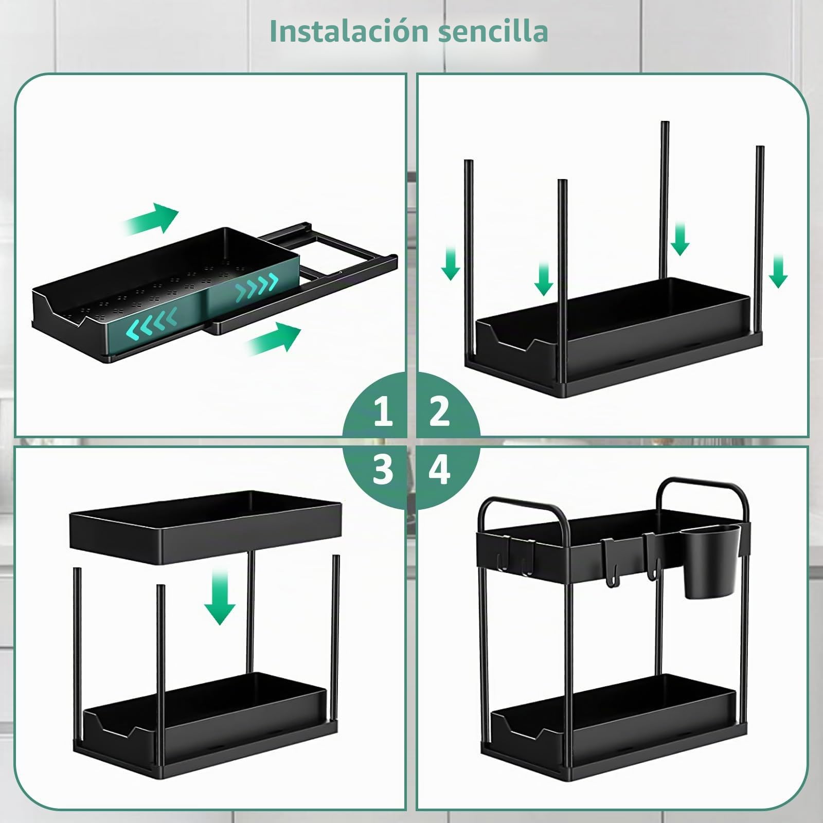 Estante para debajo del fregadero, organizador de cocina de 2 niveles, armario de cocina, armario extraíble con 4 ganchos y 2 tazas, cajón extraíble, estante para lavavajillas (negro, 1 pieza)