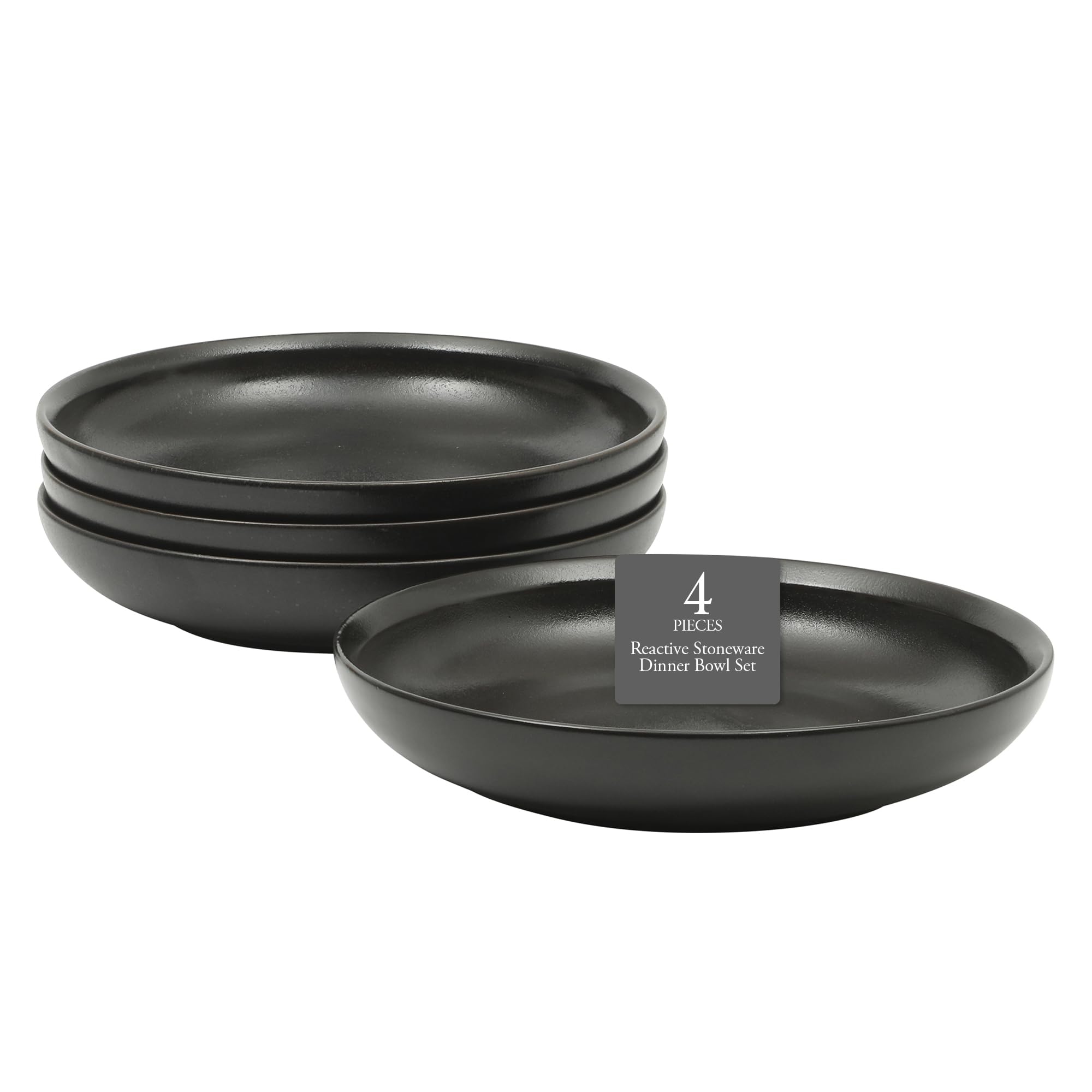 Gibson Elite Beckett 4-Piece 9 Inch Dinner Plate Bowl Set – Reactive Glaze Stoneware – Shallow Serving Pasta Bowls (Blate) – Round Wide-Rim Design – Microwave &amp; Dishwasher Safe - Black
