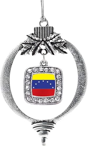 Inspired Silver - Adorno con dije de bandera de Venezuela adornos cuadrados plateados con joyas de circonita cúbica
