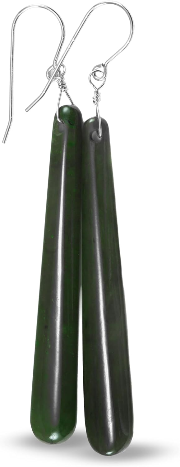 Nephrite Dark Green Jade Earrings Long Narrow Teardrops 3 Inch Dangles 14k Gold or Sterling Silver Spyglass Designs