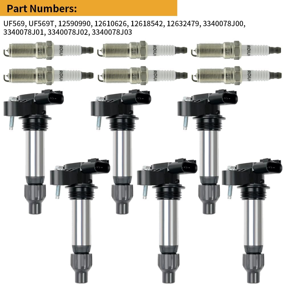 UF569 Ignition Coil Pack & Iridium Spark Plugs Set of 6 Compatible with 2007-2019 Buick Cadillac Chevy GMC Pontiac Saturn Suzuki 3.0L 3.2L 3.6L V6, Replaces# 12590990 12610626 12632479