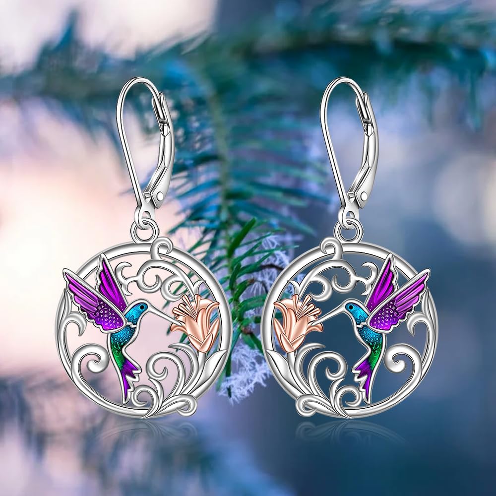 Hummingbird Earrings Purple Hummingbird Earrings for Women Sterling Silver Filigree Hoop Earrings Dangle Cute Animal Hummingbird Bird Jewelry Lover Christmas Healing Gifts