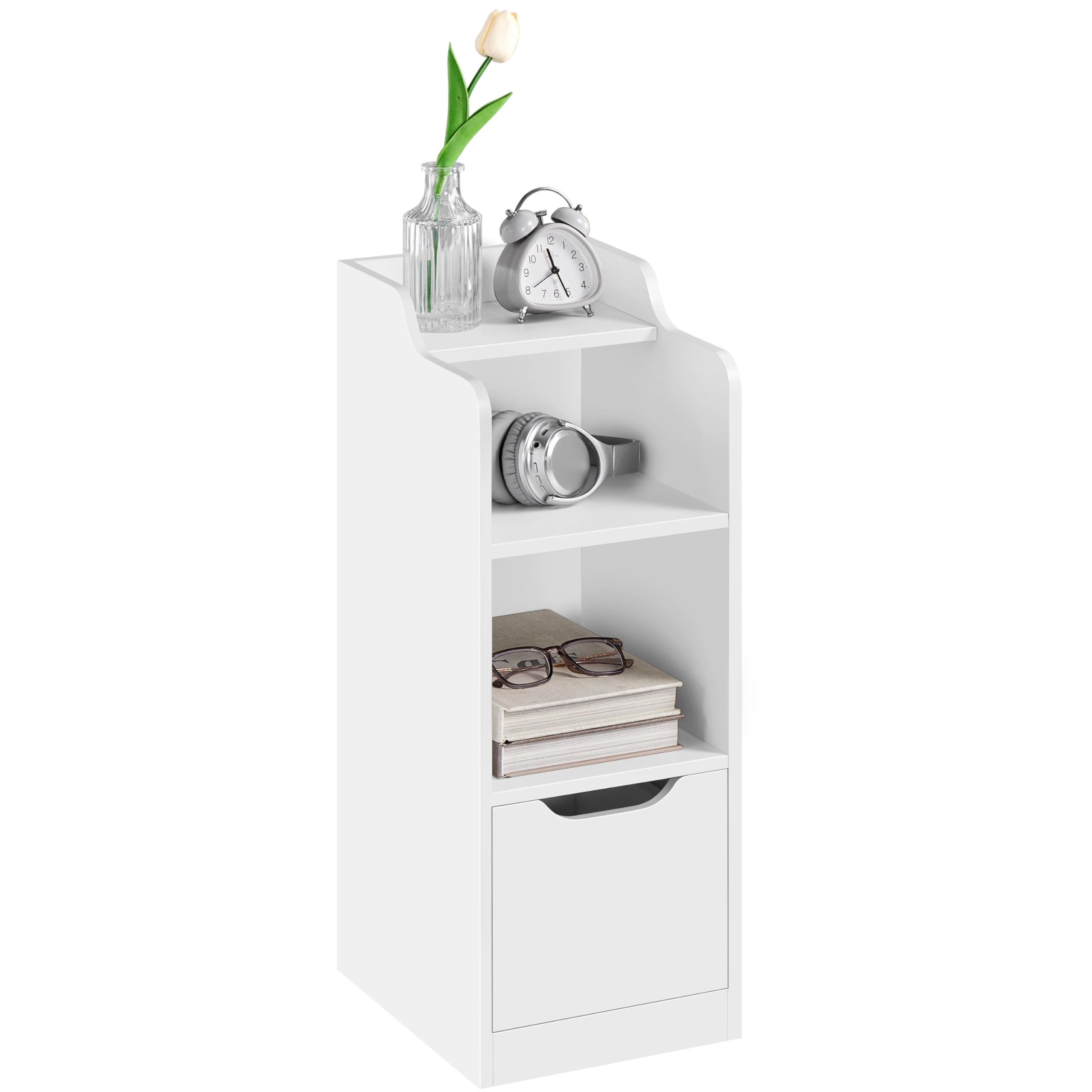 Yaheetech Slim Bedside Table, Narrow Side Table with Drawer & Open Shelf, Bedside Cabinet with Compartment for Bedroom/Living Room Compact Nooks, White